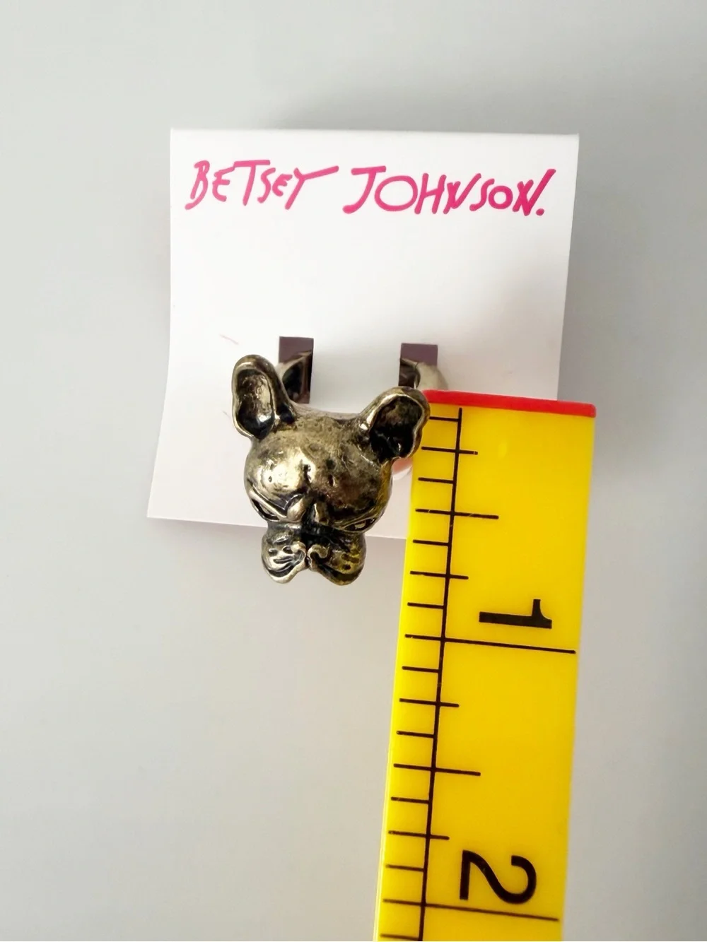 Betsey Johnson Frenchie Bulldog Gold Tone Pink Stretchy Ring NWT